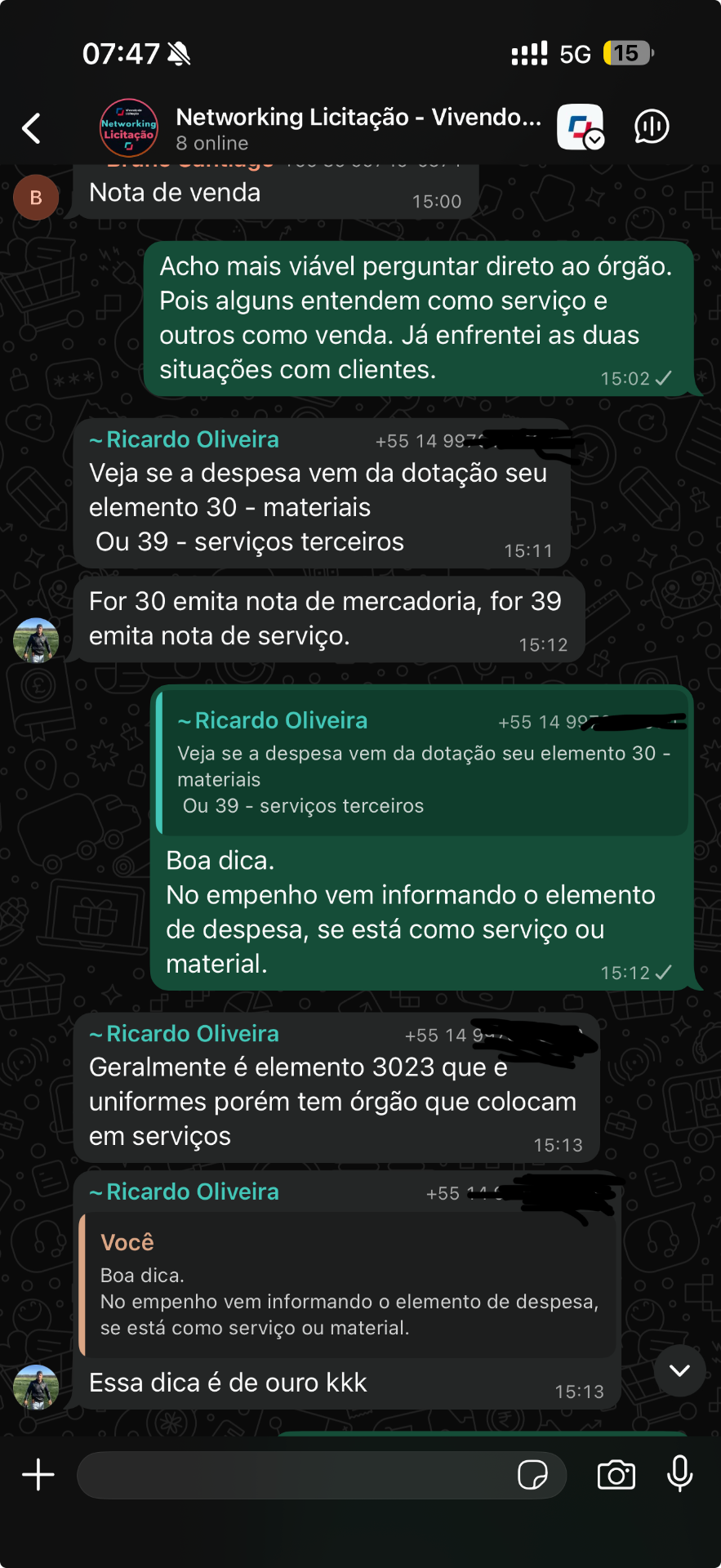 Membro mostrando resultado que conquistou