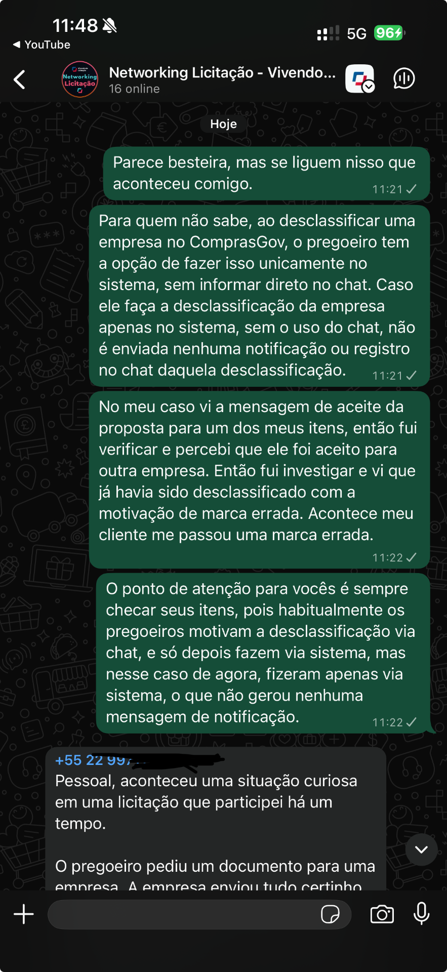 Membro elogiando o networking do grupo